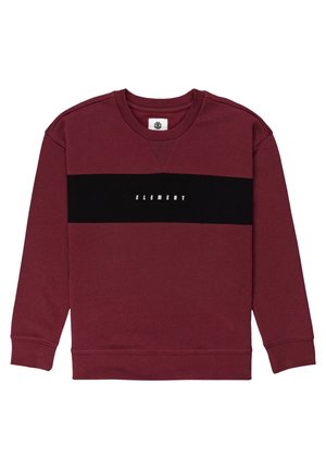 Sweat-shirt col rond bordeaux avec une bande horizontale noire traversant la poitrine, arborant le texte blanc "ELEMENT" centré sur la bande.