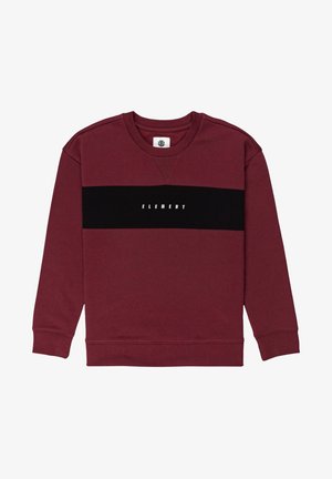 Sweat-shirt col rond bordeaux avec une bande horizontale noire traversant la poitrine, arborant le texte blanc "ELEMENT" centré sur la bande.