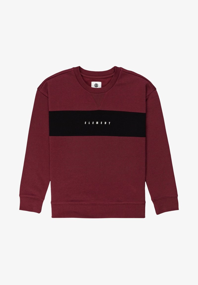 Sweat-shirt col rond bordeaux avec une bande horizontale noire traversant la poitrine, arborant le texte blanc "ELEMENT" centré sur la bande.