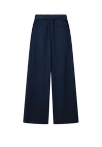 Marineblauwe wijde broek met een soepele stof, elastische tailleband en twee achterzakken. Eenvoudig ontwerp zonder versieringen.