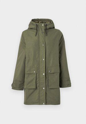 Grüne, mittelange Parkajacke mit Kapuze, ausgestattet mit Druckknöpfen, zwei Fronttaschen und einem strukturierten Innenfutter.