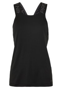 Musta urheilupaita pehmeää kangasta, jossa on pyöreä pääntie ja leveät olkaimet, harmaa logo. Tyylikäs, minimalistinen muotoilu.