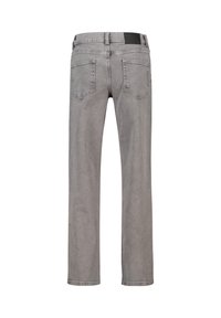 Jeans in denim grigio con taglio dritto, caratterizzati da una cintura nera, due tasche posteriori e dettagli di cucitura sottili sulle tasche.