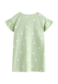 Φόρεμα ανοιχτού πράσινου με κοντά μανίκια, λευκές πουά βούλες και βολάν στα μανίκια, εμφανιζόμενο από πίσω σε άσπρο φόντο.