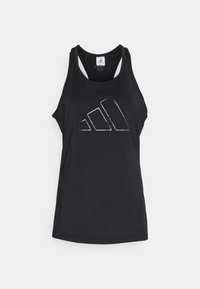 Top atletico nero senza maniche con scollatura rotonda, design a schiena scoperta e logo Adidas riflettente in un motivo geometrico sul davanti.