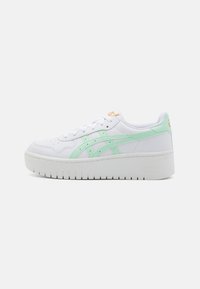 White sneaker with mint green accents, textured leather upper, round toe, flat platform sole, and subtle branding on the heel.