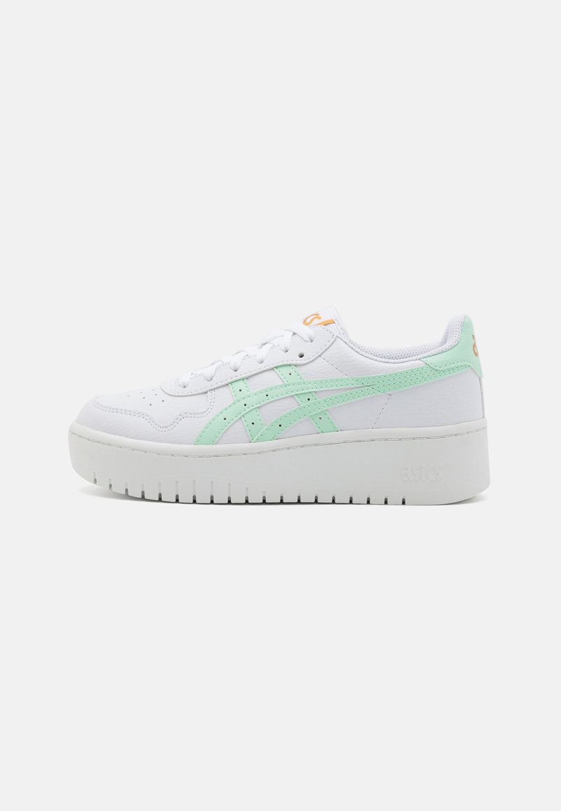 White sneaker with mint green accents, textured leather upper, round toe, flat platform sole, and subtle branding on the heel.