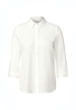 Weißes, knopfbares Hemd mit französischem Kragen und Dreiviertelärmeln, aus strukturiertem, zerknittertem Stoff und mit geradem Saum. Keine Muster oder Akzente.