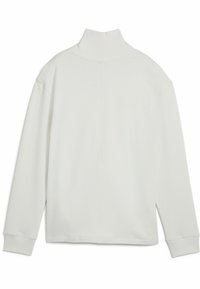Sweatshirt blanc à manches longues avec col roulé côtelé et poignets, présentant une couture centrale sur le devant.