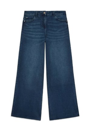 Jeans in denim blu scuro a gamba larga con tasche anteriori e posteriori, passanti per cintura, chiusura con bottone e dettagli di scolorimento delicati in vita e sulle cosce.