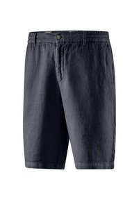 Pantaloni corti da uomo in lino blu navy scuro con cintura elastica, tasche anteriori e cierre con un solo bottone. Design casual, lunghezza al ginocchio.