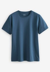 Camiseta de algodón de manga corta y cuello redondo en azul oscuro. Textura suave con un corte regular y sin patrones o acentos visibles.