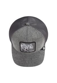 Graue Kappe mit strukturiertem Stoffvorderteil, Netzrücken und einem quadratischen Patch mit einem Tiger. Auf der Seite befindet sich ein Logo.