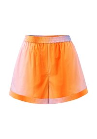Kurze Shorts mit orange-pinkem Farbverlauf und elastischem Bund, mit einem einzigen Seitenfach. Hergestellt aus leichtem Stoff.