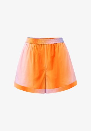 Shorts orange et rose dégradés avec une taille élastique, de courte longueur et une seule poche latérale. Fabriqués en tissu léger.