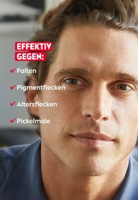Nahaufnahme eines Männergesichts mit kurzem braunem Haar, glatter Haut und feinem Bartschatten. Text hebt die Wirksamkeit gegen Hautunreinheiten und Falten hervor.