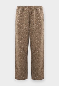 Brown trousers with a relaxed fit, featuring a pattern of light beige dots. Elastic waistband for comfort, made of soft fabric.