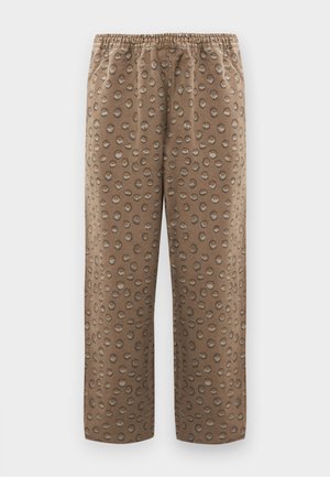 Bruine broek met een relaxte pasvorm, met een patroon van lichtbeige stippen. Elastische tailleband voor comfort, gemaakt van zachte stof.