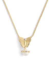 Gold necklace featuring a butterfly pendant with textured wings, a pearl drop, and small clear gemstone accents.