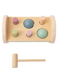 Wooden toy with five round and cylindrical pieces in pastel colors (blue, green, pink, and peach) and a wooden mallet for play.