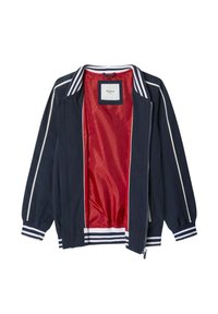 Marinejacke mit rotem Innenfutter, weißen Streifen am Kragen und den Manschetten, Reißverschluss und elastischen Manschetten für einen lockeren Sitz.