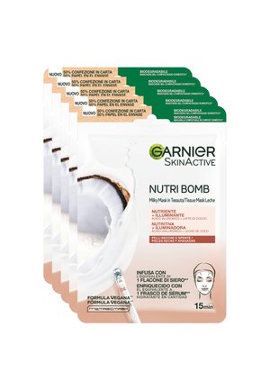MASCHERA IN TESSUTO NUTRIENTE ILLUMINANTE NUTRIBOMB, IDEALE PER PELLI SECCHE E SPENTE, ARRICCHITA CON LATTE DI COCCO E ACIDO IALURONICO, 28 G - 5 PACK - Maschera viso - trasparente