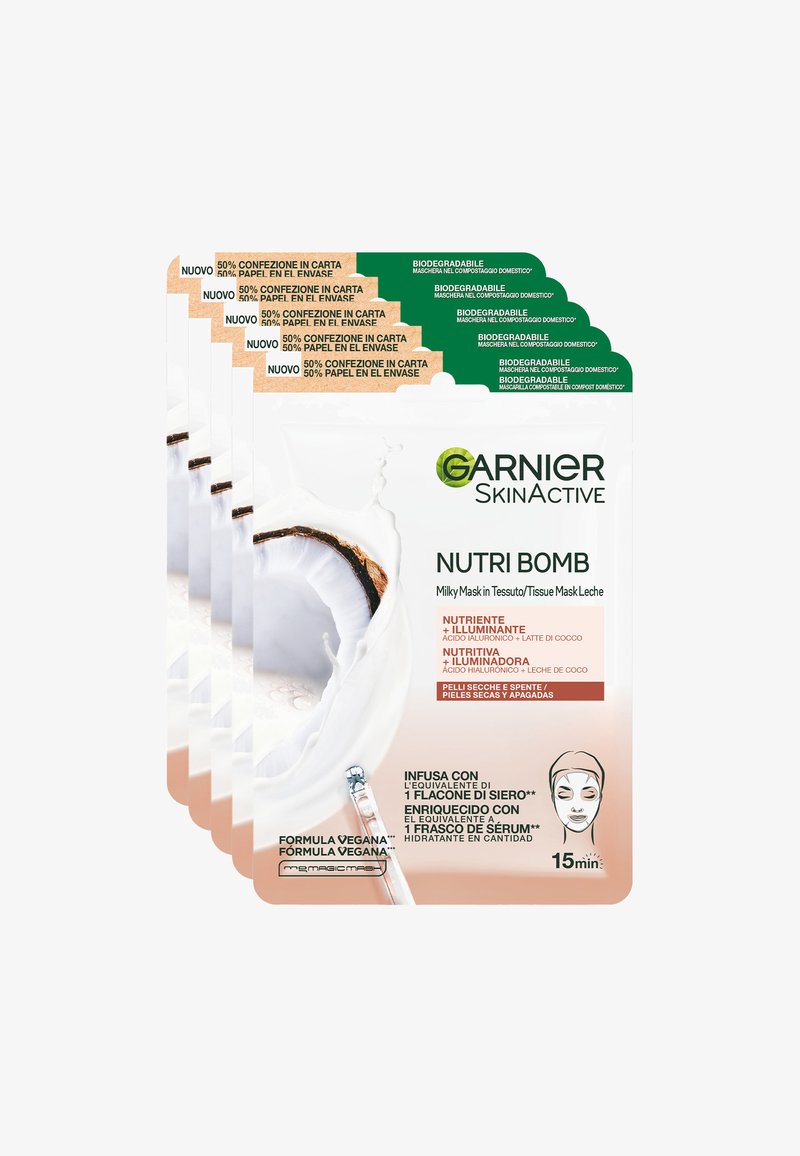 Garnier - MASCHERA IN TESSUTO NUTRIENTE ILLUMINANTE NUTRIBOMB, IDEALE PER PELLI SECCHE E SPENTE, ARRICCHITA CON LATTE DI COCCO E ACIDO IALURONICO, 28 G - 5 PACK - Maschera viso - trasparente, Ingrandire