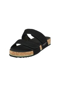 Black suede sandals with two wide straps, cork footbed, textured rubber sole, and green accent on the outsole. Lightweight and casual design.