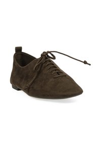 Zapatos planos de ante marrón con puntera puntiaguda, cierre de cordones en la parte delantera y un pequeño tacón, que presentan un diseño aerodinámico y una textura suave.