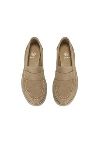 Beige Wildleder-Slipper mit einem gestickten Design, im Slip-On-Stil und einer niedrigen Gummisohle. Verfügt über ein dekoratives Vorderband. Gepolsterter Innenraum.