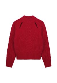 Rode gebreide trui met een hoge hals, voorzien van een gestructureerd kabelpatroon en zijkanten met uitsparingen. De mouwen zijn iets taps toelopend.