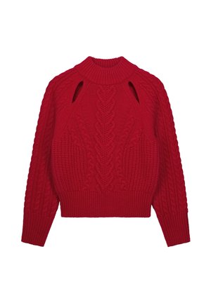 Rode gebreide trui met een hoge hals, voorzien van een gestructureerd kabelpatroon en zijkanten met uitsparingen. De mouwen zijn iets taps toelopend.