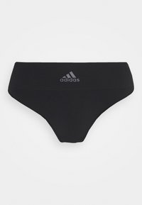 Black Adidas women's bikini bottom made of soft fabric, featuring a smooth texture and a subtle logo on the front. High-cut design.