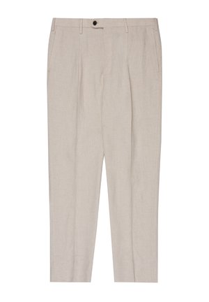 Beige maßgeschneiderte Herrenanzughose mit vorderen Bügelfalten, Seitentaschen, Gürtelschlaufen und einem dunklen Knopfverschluss am Bund.