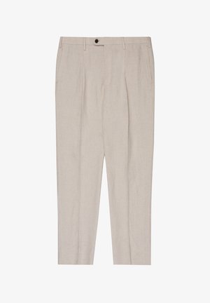 Beige tailored men's trousers with front pleats, side pockets, belt loops, and a dark button closure at the waistband.