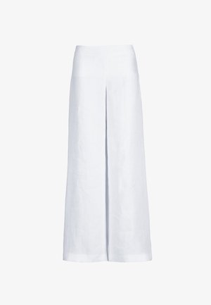 Pantalon blanc à jambes larges avec une taille haute et une couture frontale centrale, présenté sur un fond blanc uni.