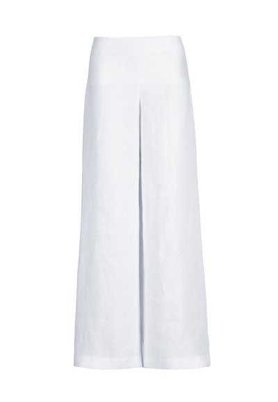 Pantalon blanc à jambes larges avec une taille haute et une couture frontale centrale, présenté sur un fond blanc uni.