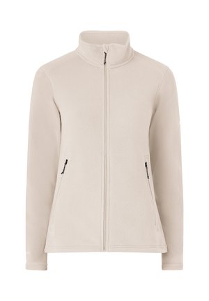 Beige fleece jas met hoge kraag, voorrits en twee zijrits zakken. Glad textuur, lange mouwen en contrasterende ritssluitingen.