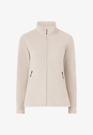 Beige fleece jas met hoge kraag, voorrits en twee zijrits zakken. Glad textuur, lange mouwen en contrasterende ritssluitingen.