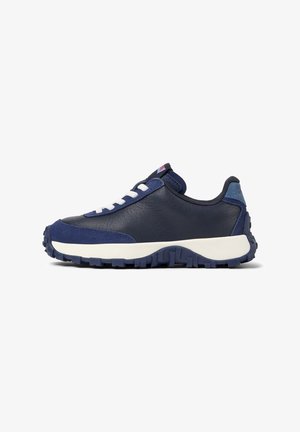 Navy blue athletic shoe with a textured outsole, featuring white laces and a cushioned design for comfort and support.
