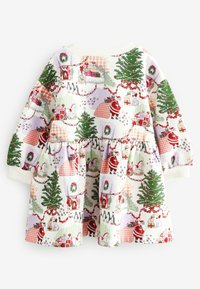 Langärmliges, bedrucktes Kleid mit festlichem Design, das Bäume, Tiere und Geschenke zeigt; mehrfarbiger, strukturierter Stoff mit gerafftem Bund.