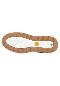 Rubber outsole with a textured design for traction, featuring a white midsole and yellow and teal accents at the heel area.