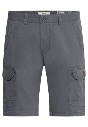 Sive cargo kratke hlače iz mehkega materiala, ki imajo stranske žepe, gumb za zapiranje in logotip na levem cargo žepu.