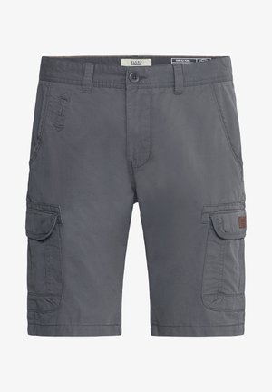 Grå cargo shorts laget av mykt stoff, med sidelommer, knappeåpning og et logopatches på venstre cargo lomme.