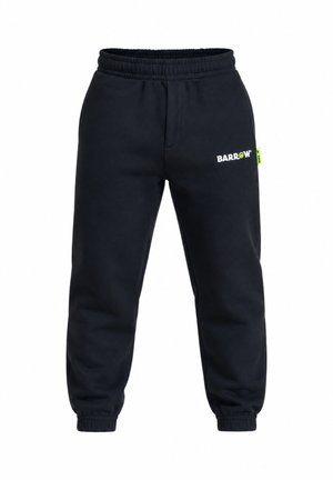 Sorte joggingbukser med elastisk talje og manchetter, med hvidt og grønt "BARROW" logo på den øverste venstre lår og en lille sidetag.