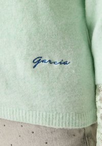Suéter verde menta de lana suave con dobladillo acanalado y logo bordado "Garcia" en azul oscuro. Presenta detalle de encaje en la manga.