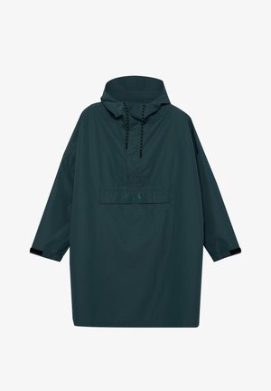 Dunkeltürkiser wasserdichter Anorak mit hohem Kragen, Fronttasche und Kordelzugkapuze. Verfügt über lockere Ärmel und elastische Bündchen für Komfort.