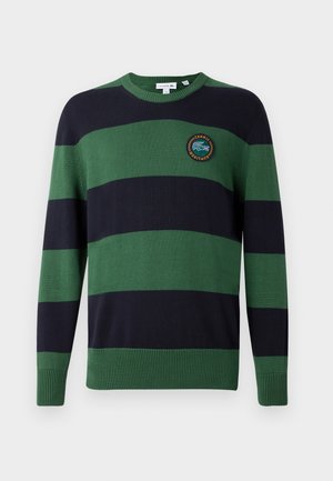 Roheline ja tumesinine triibuline kudum, millel on ümar kaelus, soonikkoes mansetid ja ümmargune tikandpatch rinnal.