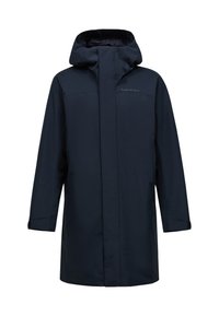 Marineblauwe waterdichte parka met een hoge kraag en een verstelbare capuchon. Beschikt over lange mouwen, een rechte snit en een gladde, matte textuur.