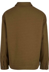 Brown, long-sleeve jacket with a collar, featuring a plain texture and buttoned cuffs; back view shows simple design with no patterns.